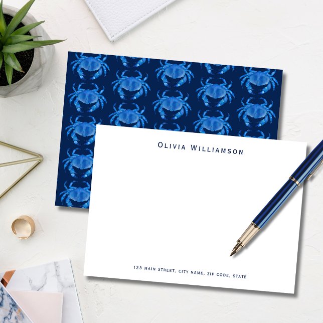 Cartão De Notas Padrão do oceano do caranguejo azul (Blue coastal crab, crustacean illustrated notecard. Personalize with your name & address details.)
