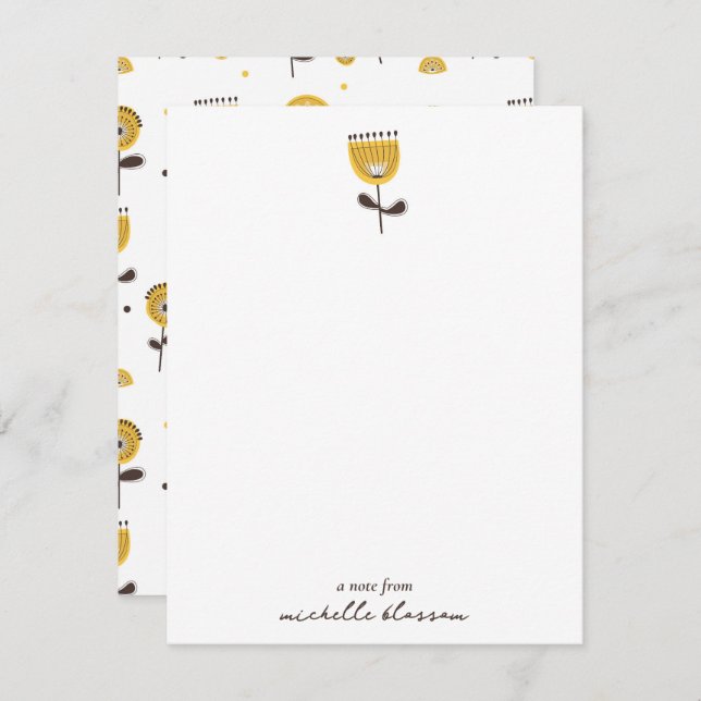Cartão De Notas Padrão Floral Amarelo do meio século (Frente/Verso)