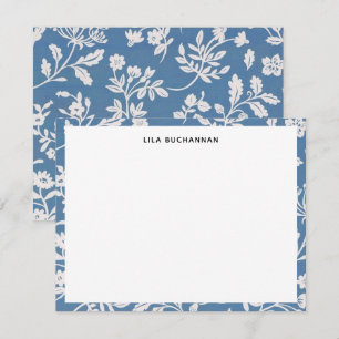 Cartão De Notas Padrão Floral Branco Azul Bonito de Correspondênci