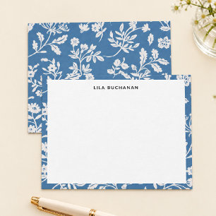 Cartão De Notas Padrão Floral Branco Azul Bonito de Correspondênci