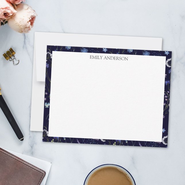 Cartão De Notas Padrão Floral de Flor Bonito Roxo Azul (In situ)