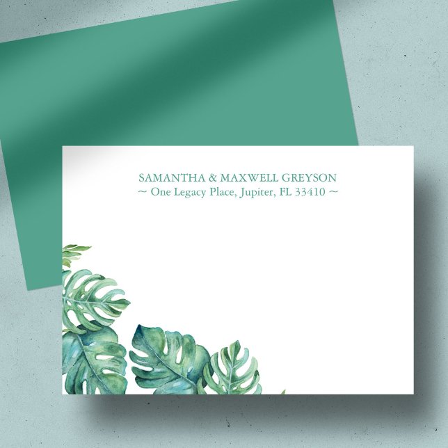 Cartão De Notas Palm Tropical Greenerescência Personalizada Statio (Personalized notecards feature watercolor monstera palm leaves by Victoria Grigaliunas)