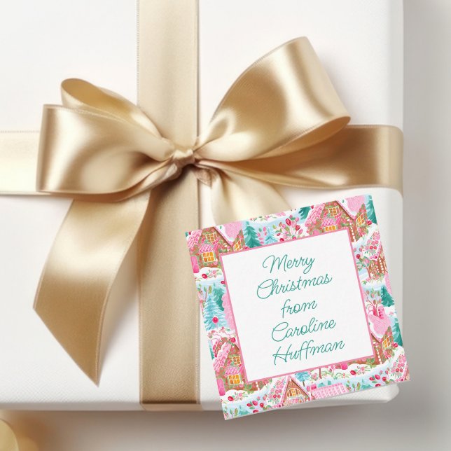 Cartão De Notas Pão de Natal rosa Casas de Presente (Criador carregado)