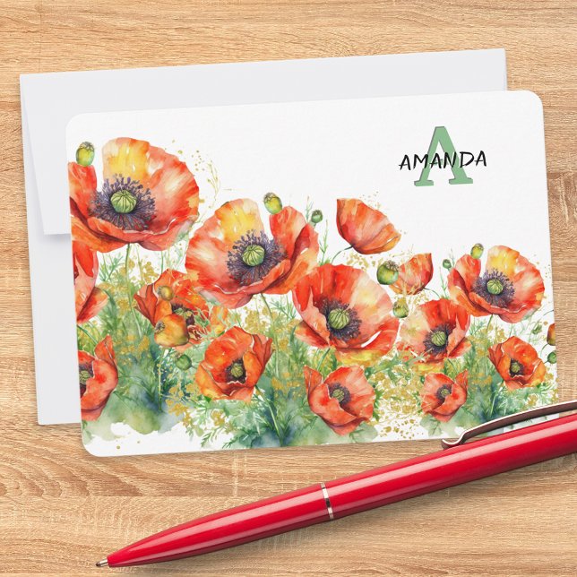 Cartão De Notas Papagaios Vermelhos Monogramados Elegantes Flores  (A chic monogrammed notecard with red poppies design in a watercolor style)