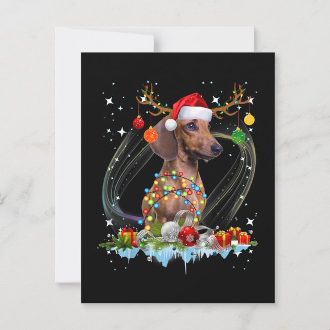 Cartão De Notas Papai Noel Engraçado Dachshund Rena Luz Natal (Frente)