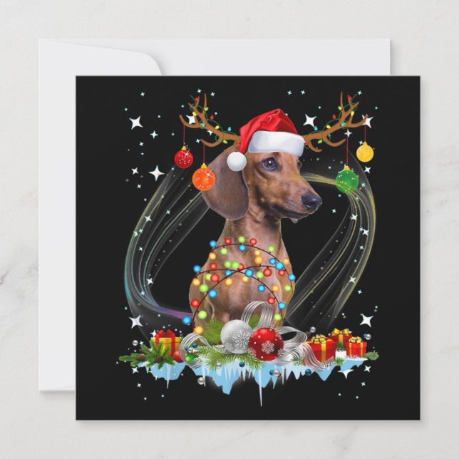 Cartão De Notas Papai Noel Engraçado Luz de Rena de Dachshund Nata (Frente)