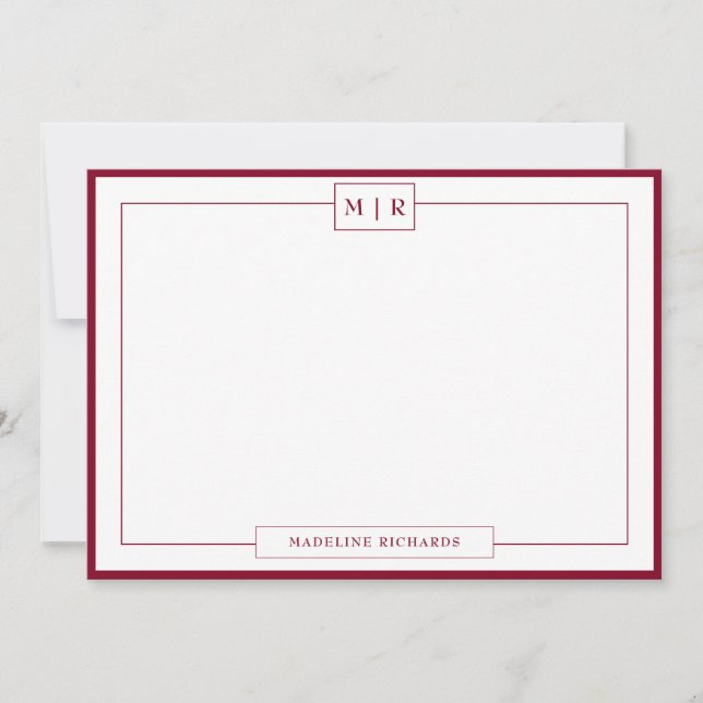 Cartão De Notas Papel de Carta Clássico Monograma Borgonha (Frente)