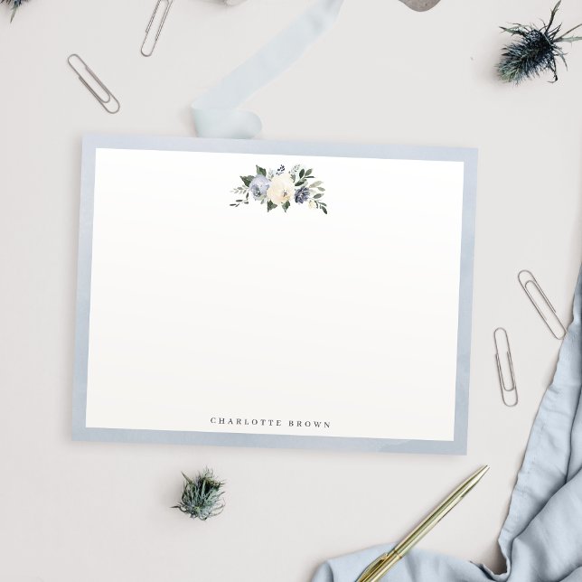 Cartão De Notas Papel de carta personalizado azul botânico em cham (Blooming botanical blue personalized stationery note card)