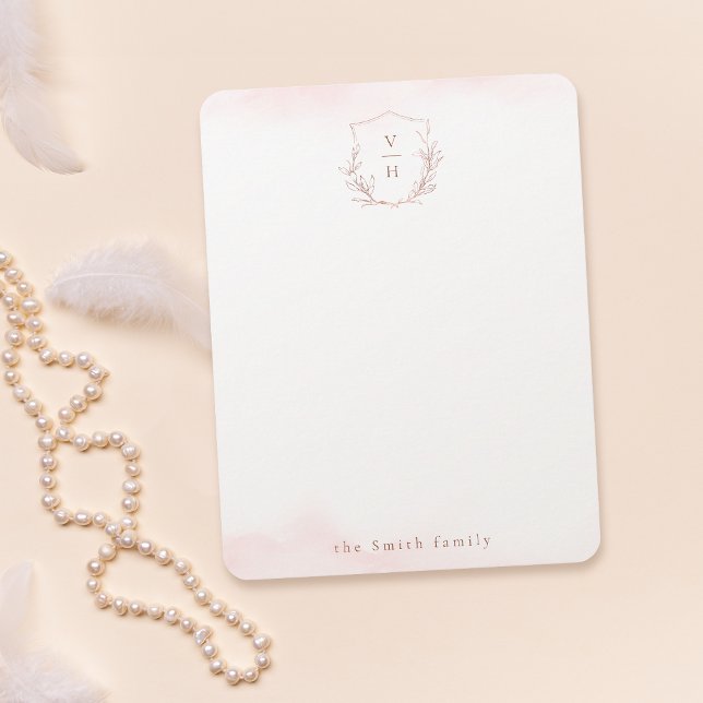 Cartão De Notas Papel de carta personalizado com crista monograma  (Rose gold monogram crest personalized Stationery Note Card)