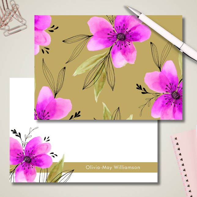 Cartão De Notas Papel de Carta Personalizado de Aquarela Floral Ro (Pink floral watercolor notecards with personalized name )