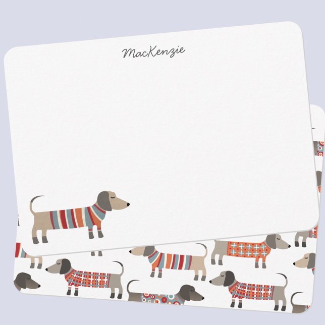 Cartão De Notas Papel de Carta Personalizado de Cão de Enchimento (Fun Dachshund wiener sausage dog personalized custom script name notecardstationery)