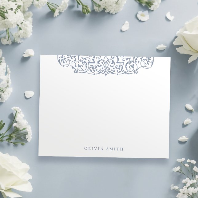 Cartão De Notas Papel de Carta Personalizado do Ornamentado Dusty  (Dusty Blue Vintage Ornate Personalized Stationery Note Card)