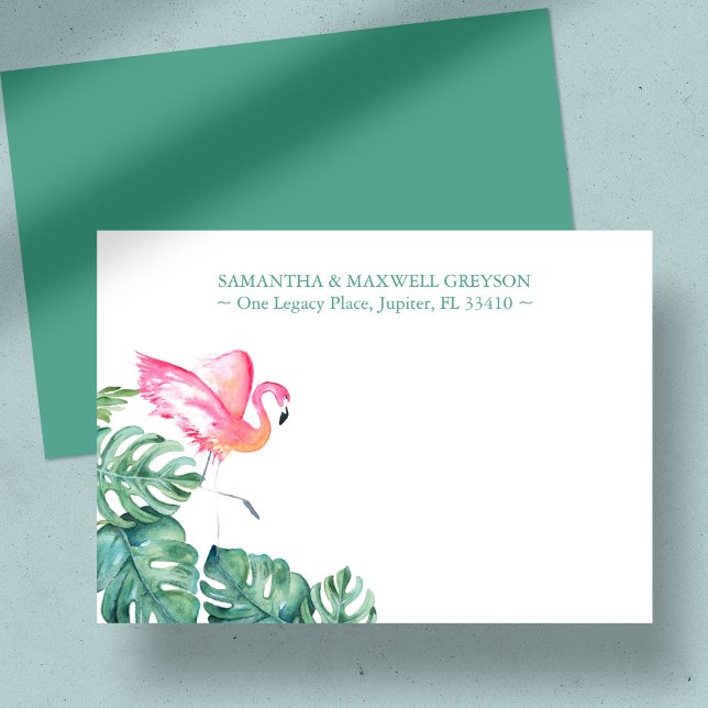 Cartão De Notas Papel de Carta Personalizado Flamingo Rosa Tropica (Custom note cards tropical watercolor pink flamingo and palm leaves art by Victoria Grigaliunas)