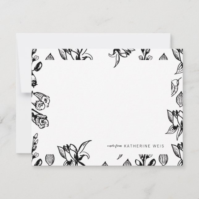 Cartão De Notas Papel de Carta Personalizado Floral Preto e Branco (Frente)