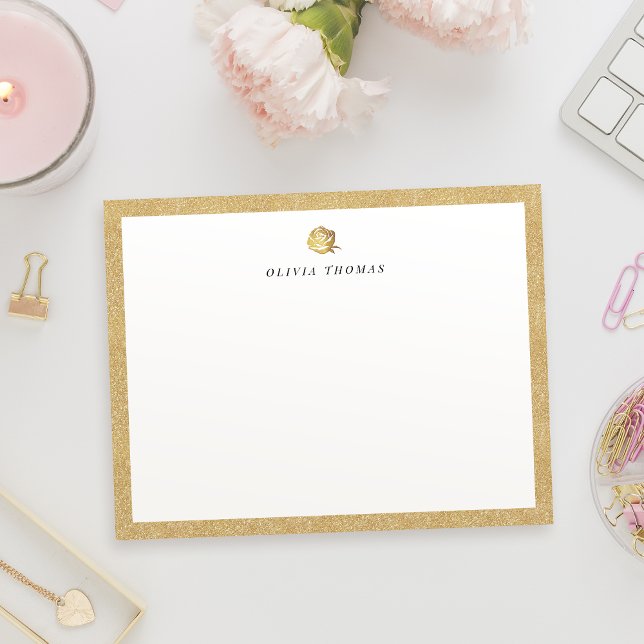 Cartão De Notas Papel de carta personalizado rosa de ouro fino ele (Elegant faux gold rose personalized Stationery Note Card)