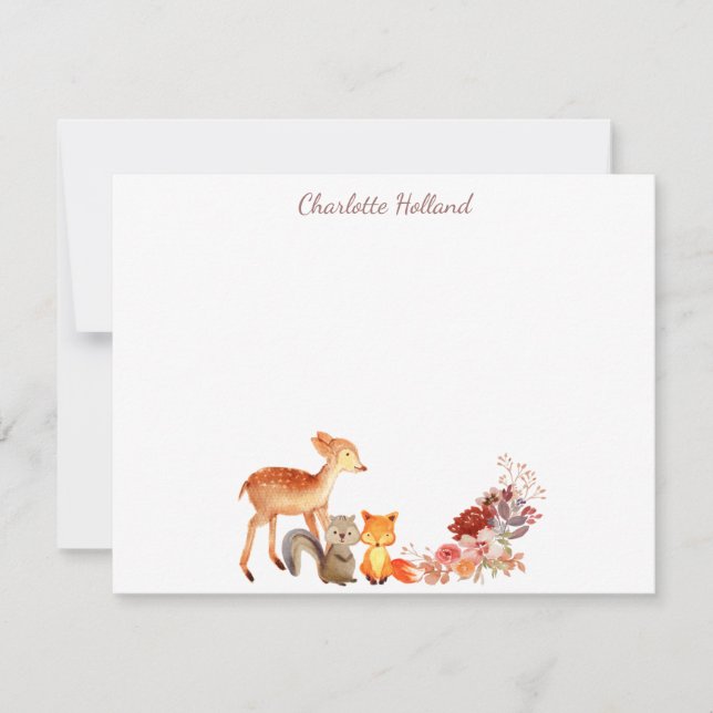 Cartão De Notas Papel Personalizado Floral de Animais da Floresta  (Frente)