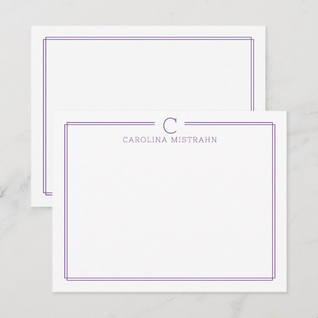 Cartão De Notas Papelaria Casual Roxa com Inicial de Monograma (Frente/Verso)
