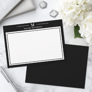 Cartão De Notas Papelaria de Monograma Simples Preto e Branco