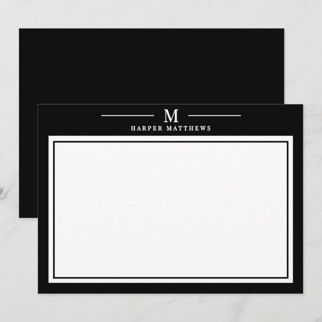 Cartão De Notas Papelaria de Monograma Simples Preto e Branco (Frente/Verso)