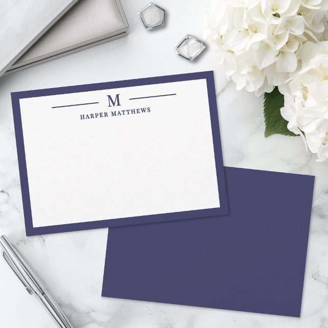 Cartão De Notas Papelaria Personalizada Clássica Simples Azul Mari (Navy Blue Simple Classic Personalized Stationery Note Card )