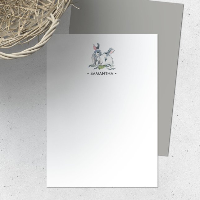 Cartão De Notas Papelaria Personalizada Coelho Aquarela (Personalized note cards watercolor bunnies by Victoria Grigaliunas of VG Invites)