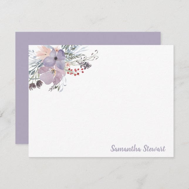 Cartão De Notas Papelaria Personalizada Floral Blooms Lilac  (Frente/Verso)