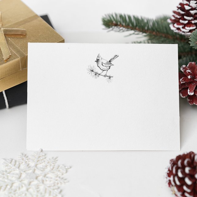 Cartão De Notas Pássaro Cardinal de Inverno Simples Preto e Branco (Simple & Elegant Winter Cardinal Bird Perched on a Pine Branch, Hand Drawn in Black Ink 4 Christmas)