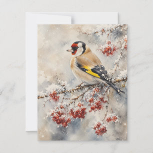 Cartão De Notas Pássaro Pintassilgo em Bagas de Inverno aquarela