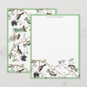 Cartão De Notas Pássaros Chickadee Frutas e Pinhas Aquarela