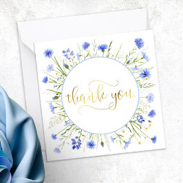 Cartão De Notas Pastel Blue Wildflower Script Dourado Obrigado