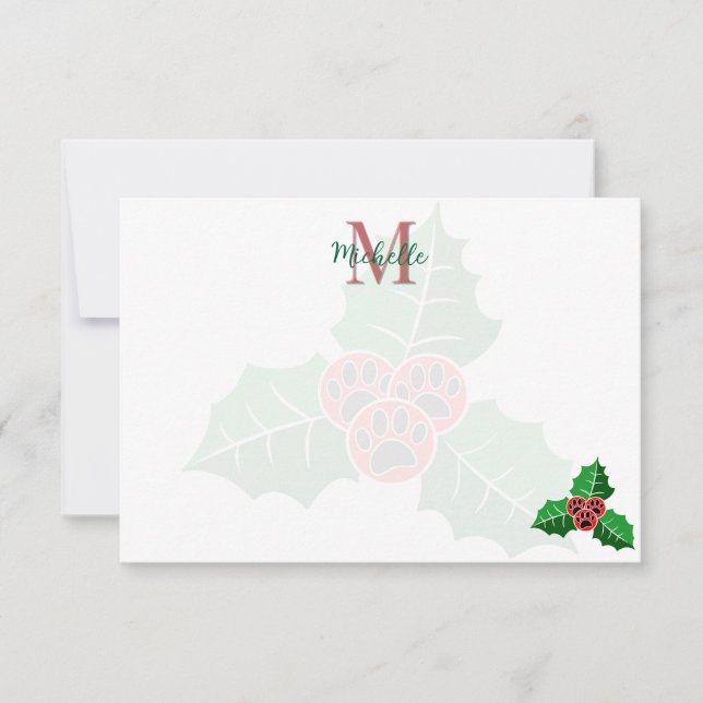 Cartão De Notas Paw Holly Leaves Christmas Custom Monogram (Frente)