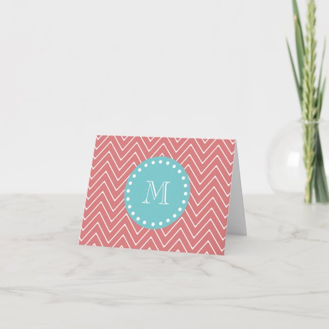 Cartão De Notas Peach Chevron Pattern | Monograma teal (Frente)