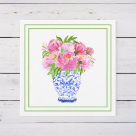 Cartão De Notas Peônias Rosa em Vaso de Chinoiserie com Borda Verd