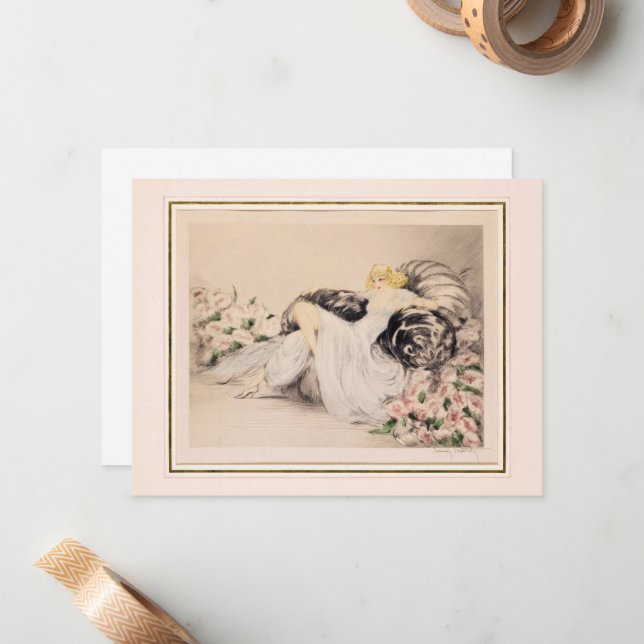 Cartão De Notas Peonies, 1935, por Louis Icart (Frente/Verso In Situ)