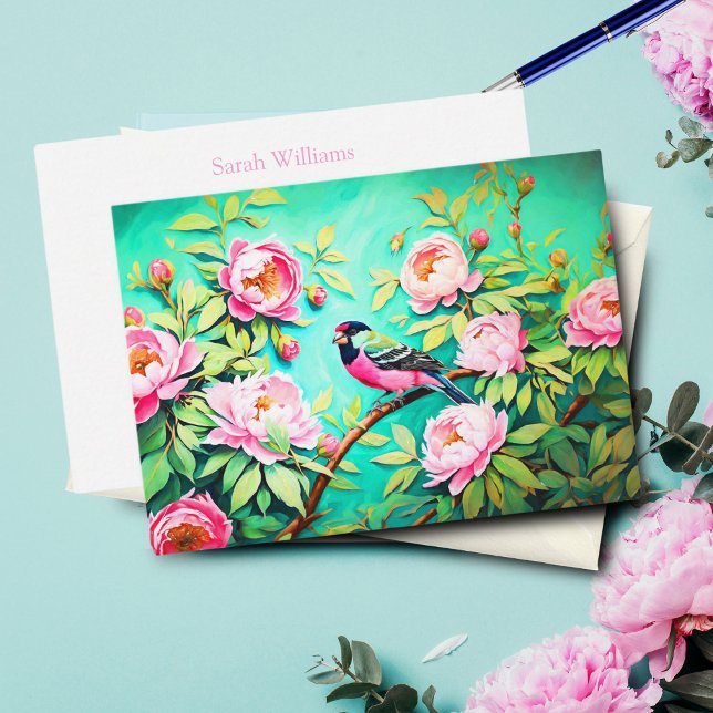 Cartão De Notas Peony Pine Gosbeak ai Trabalho de arte Oil Paintin (Perfect for heartfelt messages, this elegant card adds natural beauty.)