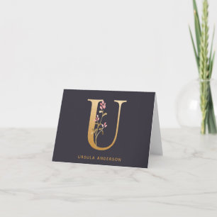 Cartão De Notas Personalizado Chic Floral U Monograma Dourado Eleg
