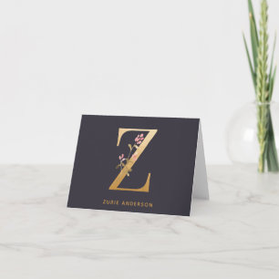 Cartão De Notas Personalizado Chic Floral Z Monograma Dourado Eleg
