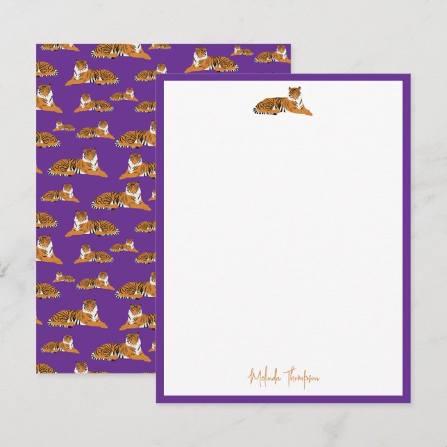 Cartão De Notas Personalize Roxo Laranja Tigre da Selva Script (Frente/Verso)