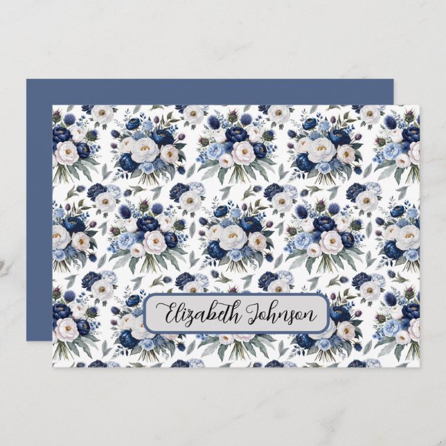 Cartão De Notas Personalized Blue Floral Botanical Note Card (Frente/Verso)