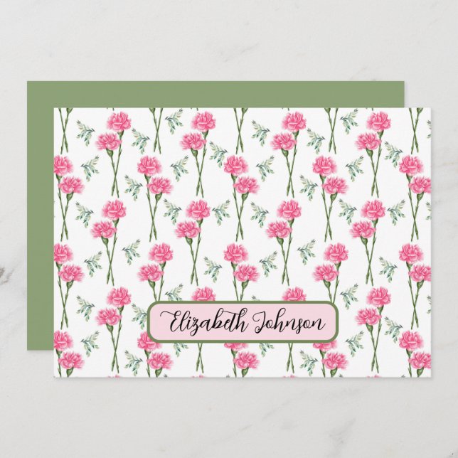 Cartão De Notas Personalized Carnation Floral Botanical Note Card (Frente/Verso)