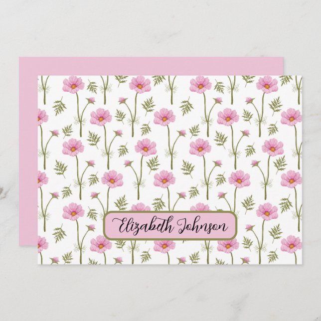 Cartão De Notas Personalized Cosmos Floral Botanical Note Card (Frente/Verso)