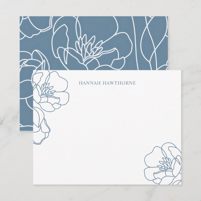 Cartão De Notas Personalized Elegant Blue Modern Line Art Floral (Frente/Verso)