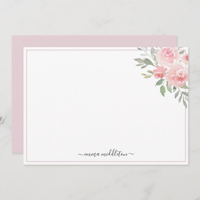 Cartão De Notas Personalized Elegant Blush Pink Roses and Greenery (Frente/Verso)