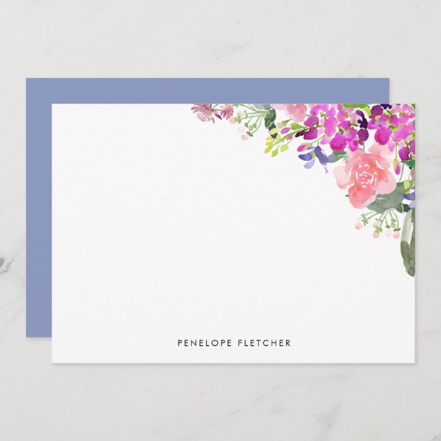Cartão De Notas Personalized Elegant Watercolor Floral  (Frente/Verso)