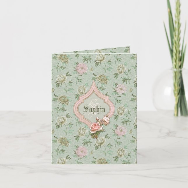 Cartão De Notas Personalized Girly Chic Green and Pink Floral (Frente)