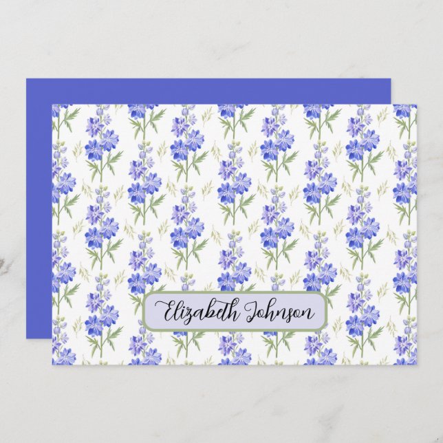 Cartão De Notas Personalized Larkspur Floral Botanical Note Card (Frente/Verso)