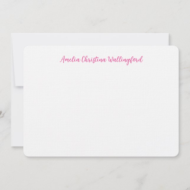 Cartão De Notas Personalized Linen Flat Note Card White and Pink (Frente)