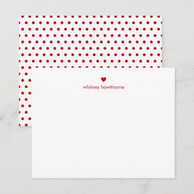 Cartão De Notas Personalized Modern Red Polka Dots & Heart (Frente/Verso)