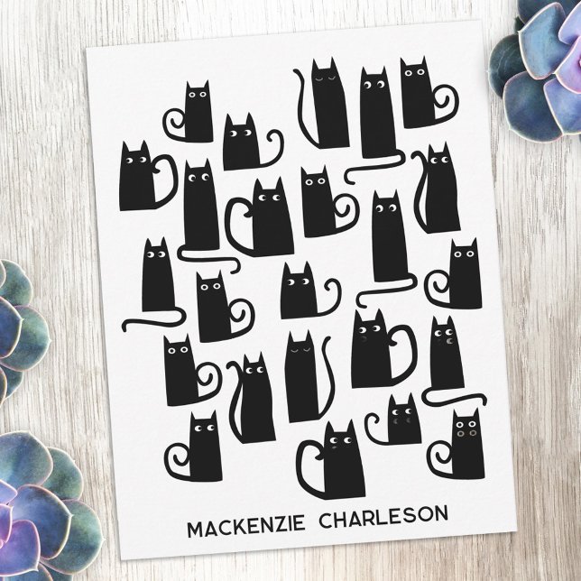 Cartão De Notas Personalized Name Fun Black Cat (Fun black cat design personalized custom name or text notecards for animal lovers)