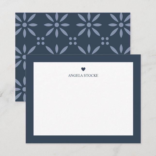 Cartão De Notas Personalized Name Navy Blue Heart Note Card (Frente/Verso)